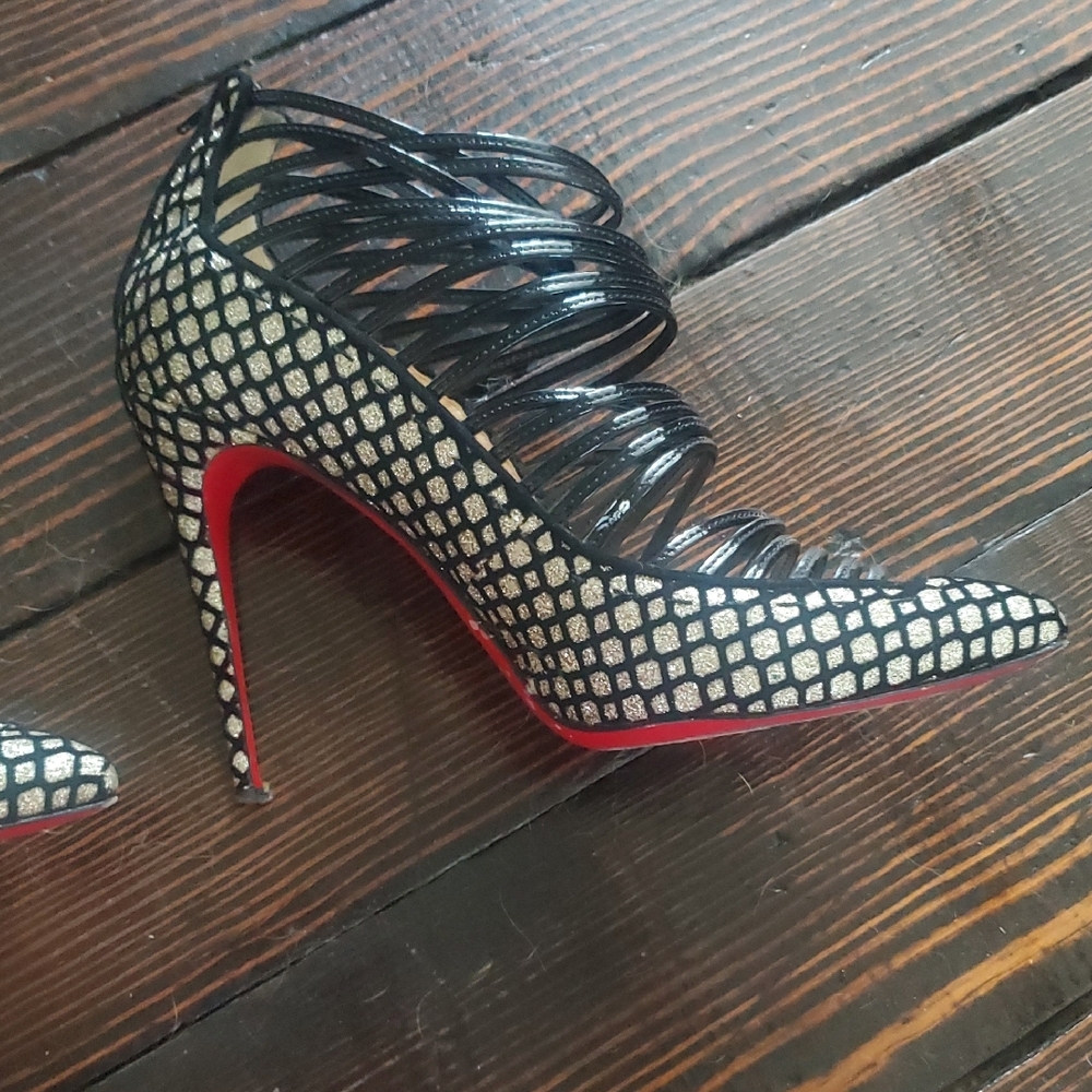 Christian Louboutin Black Strappy Cage Pointed Toe Heels with Red Soles - Picture 4 of 11